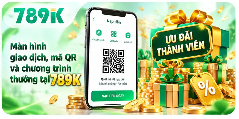 Màn hình giao dịch, mã QR và chương trình thưởng tại 789K